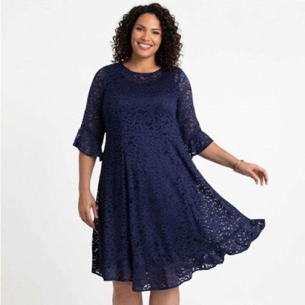 Kiyonna NWT Navy Blue Lace 3/4 Sleeve Flowy Cocktail Dress Size 2X